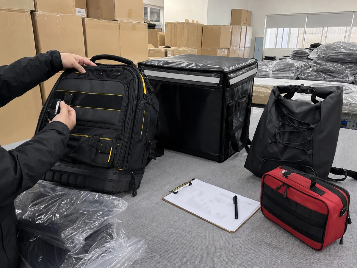 Mobile phone photo of functional bag QC and packing release in a factory