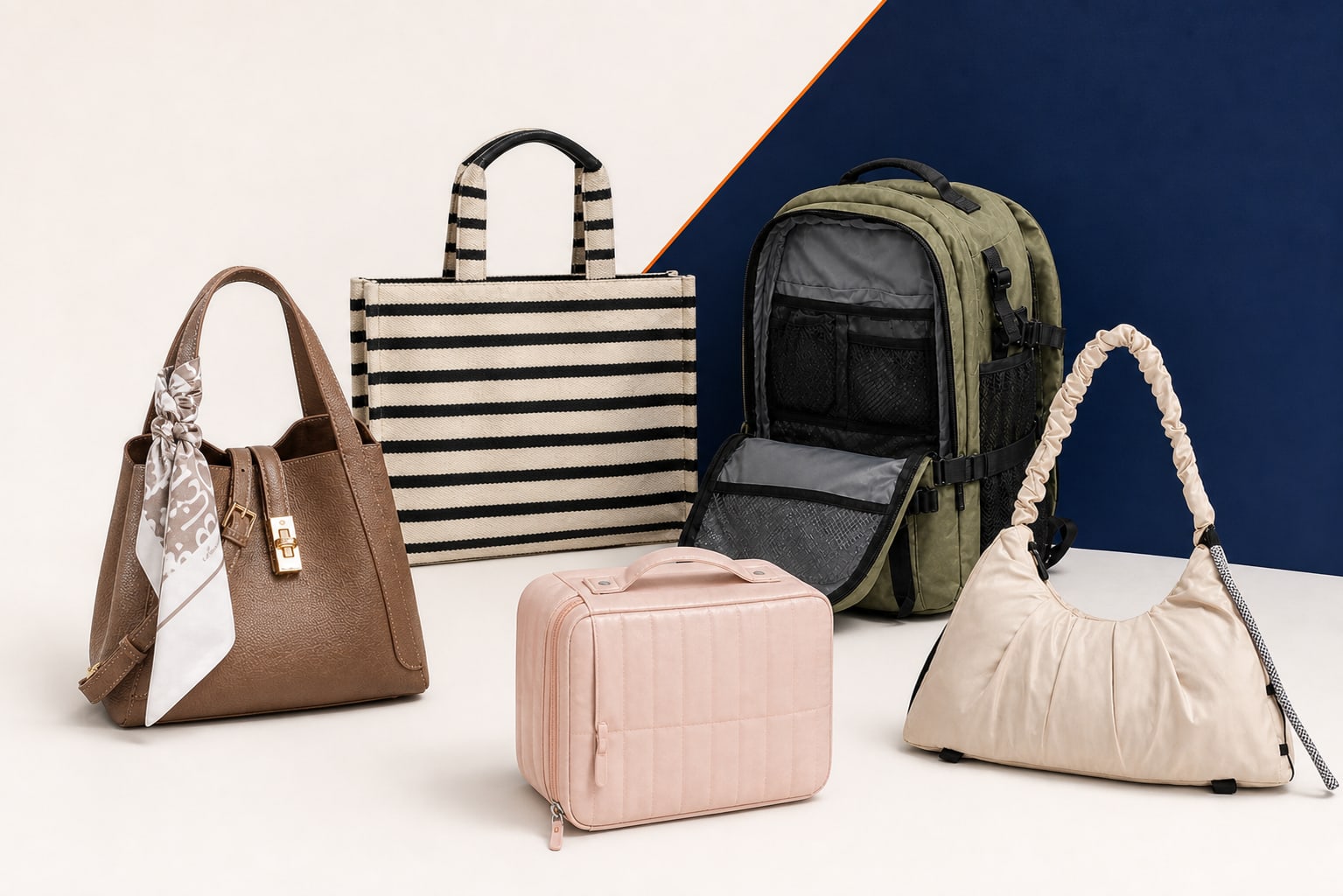 Illustrative Connect5 catalogue overview showing representative handbag, tote, backpack, cosmetic, and sports bag families