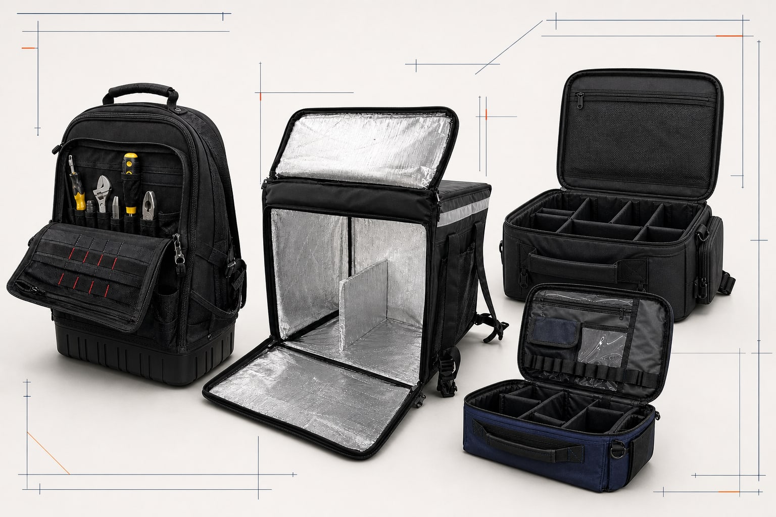 Illustrative lineup of tool, insulated delivery, medical organizer, and equipment carrying bag applications