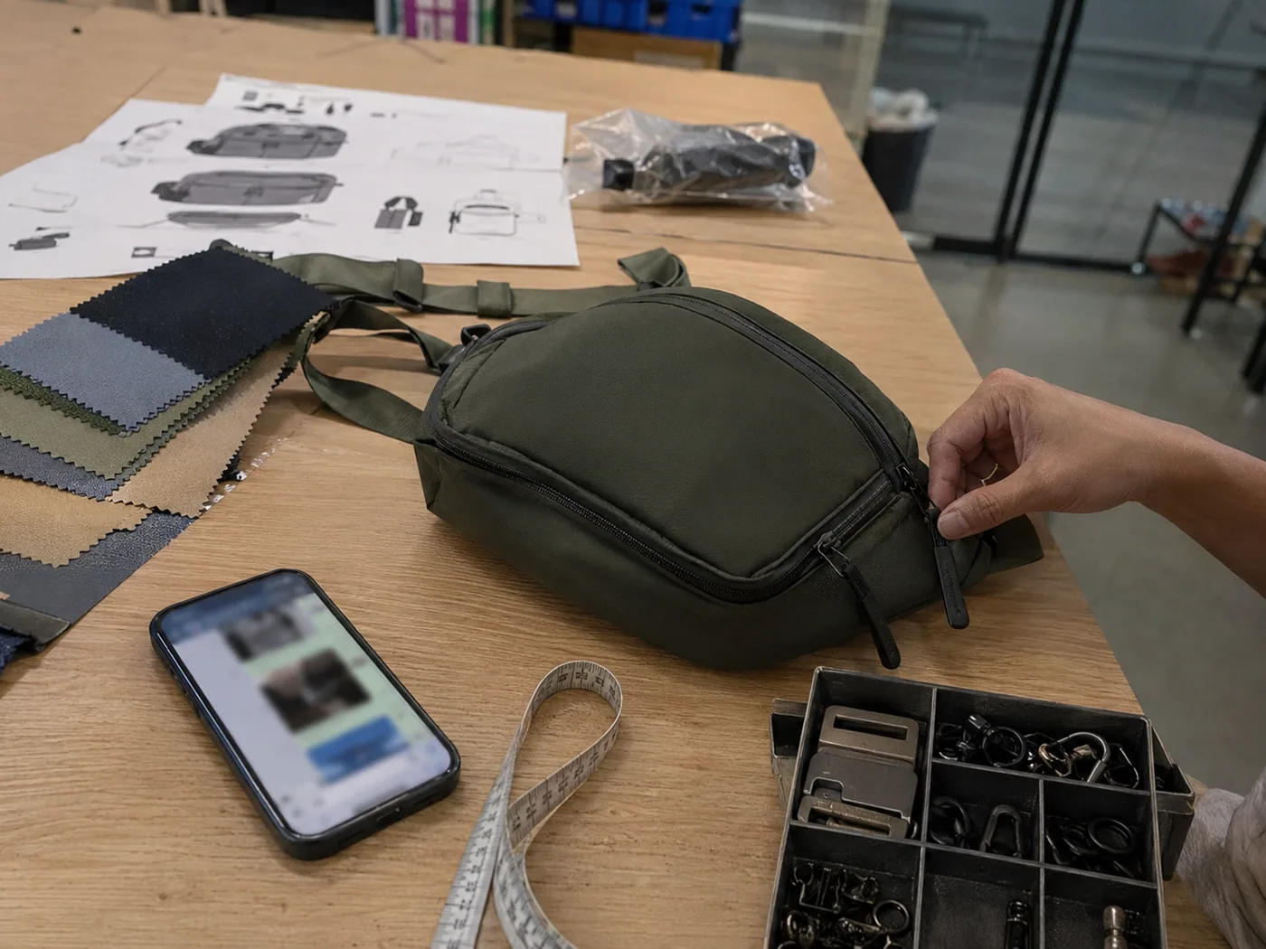 Smartphone-style RFQ preparation desk with bag sample, swatches, measuring tape, hardware tray, blurred chat, and drawings