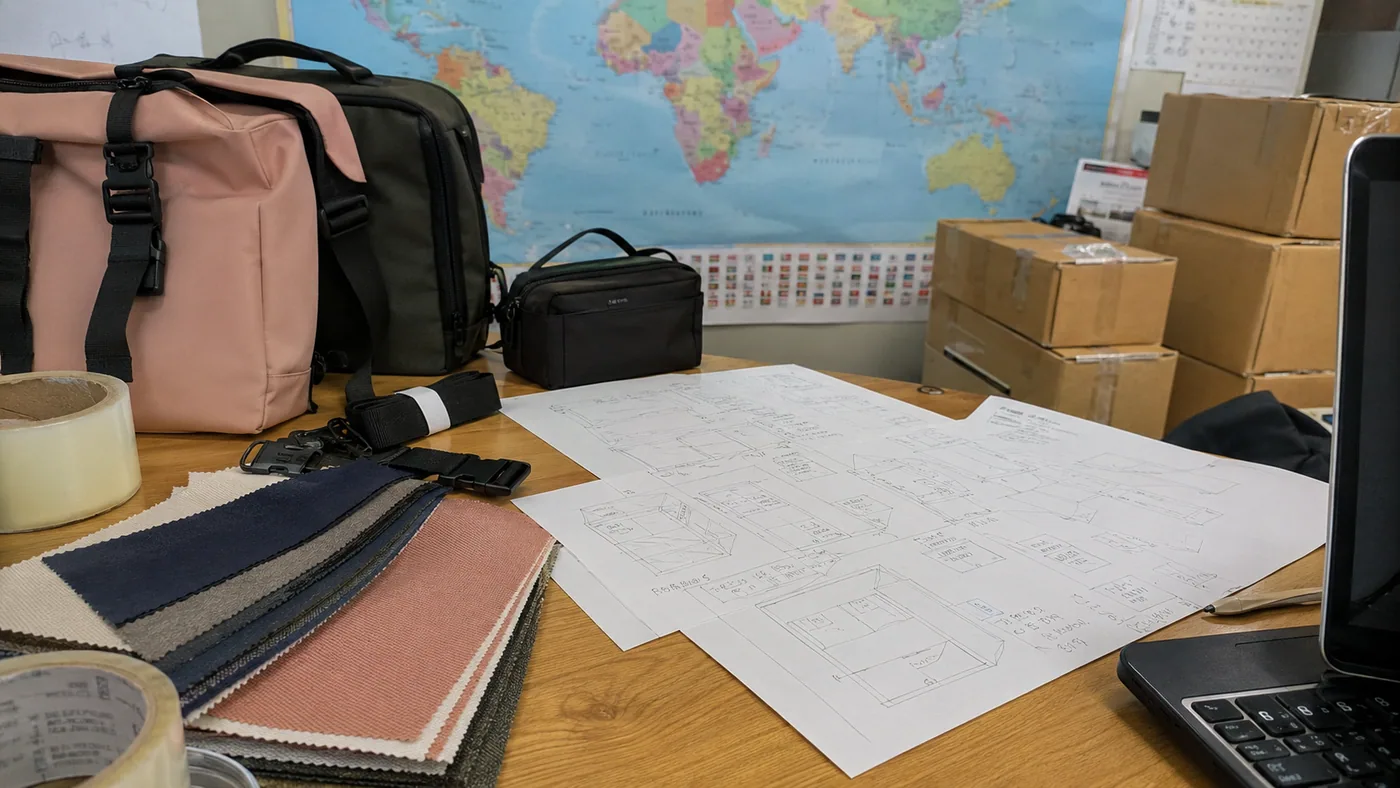 Bag export planning desk with samples, world map, carton notes, shipping tape, swatches, and laptop