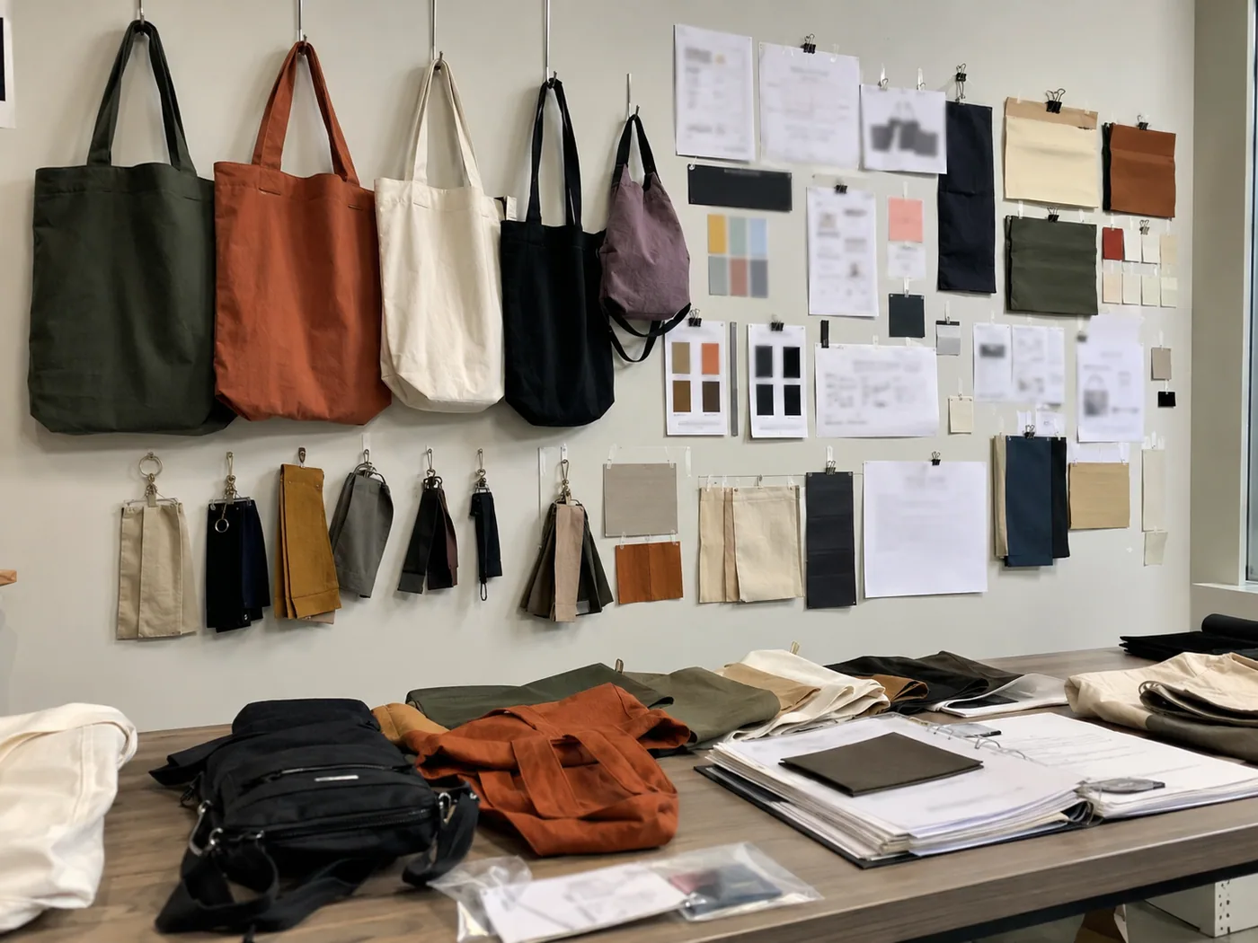 Smartphone-style factory sample approval wall and table with bag prototypes, blurred tags, and material swatches