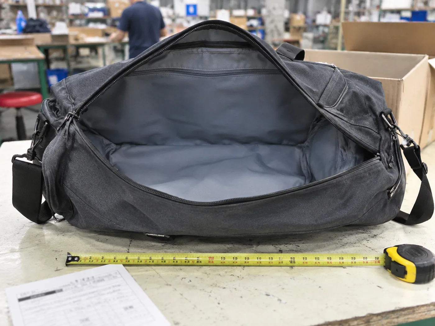 Smartphone-style travel duffel bag inspection with open lining, zipper, handle stitching, shoulder strap, measuring tape, and checklist