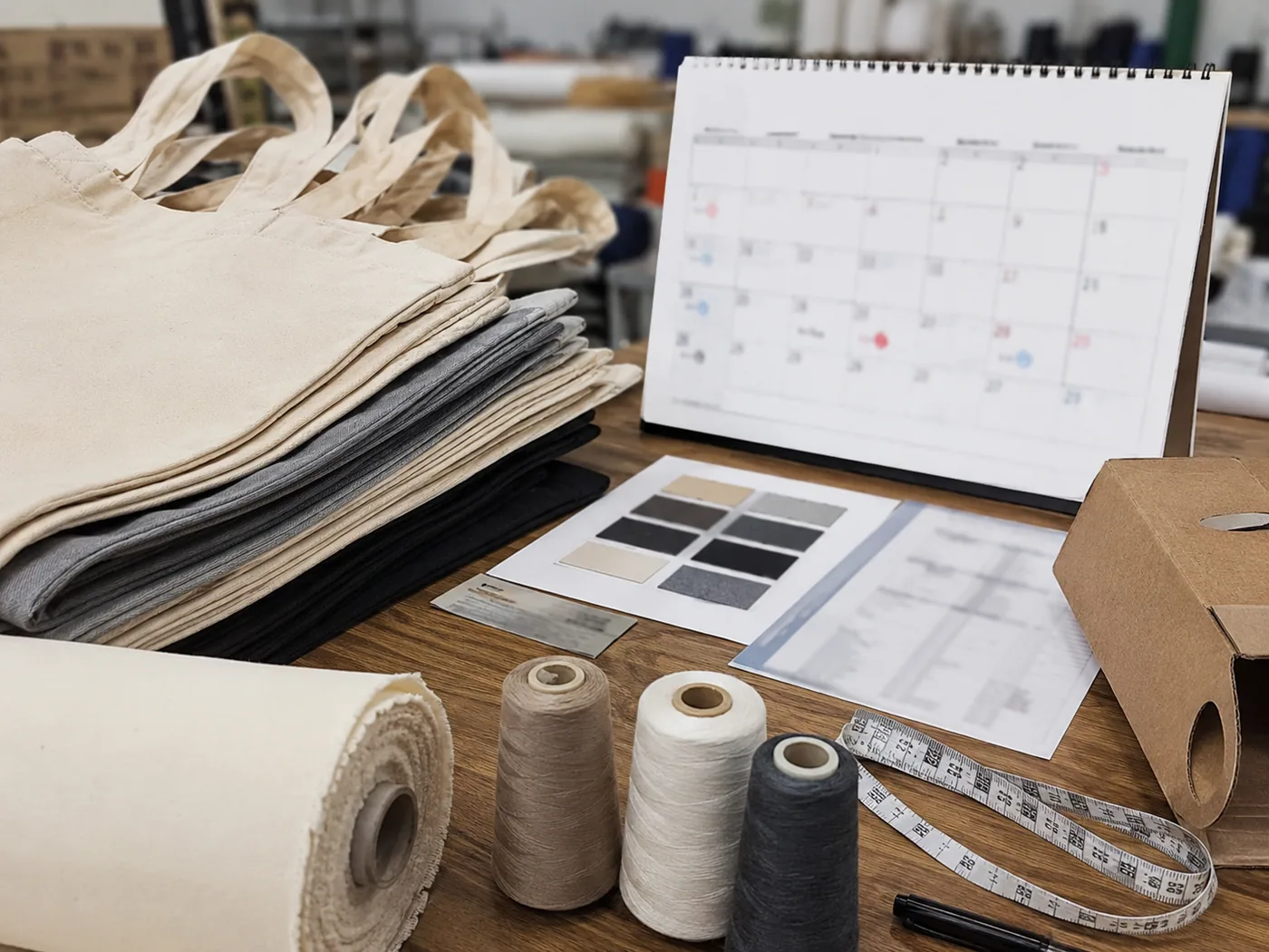 Smartphone-style tote bag samples stacked beside a production calendar, fabric roll, thread cones, carton sample, and measuring tape