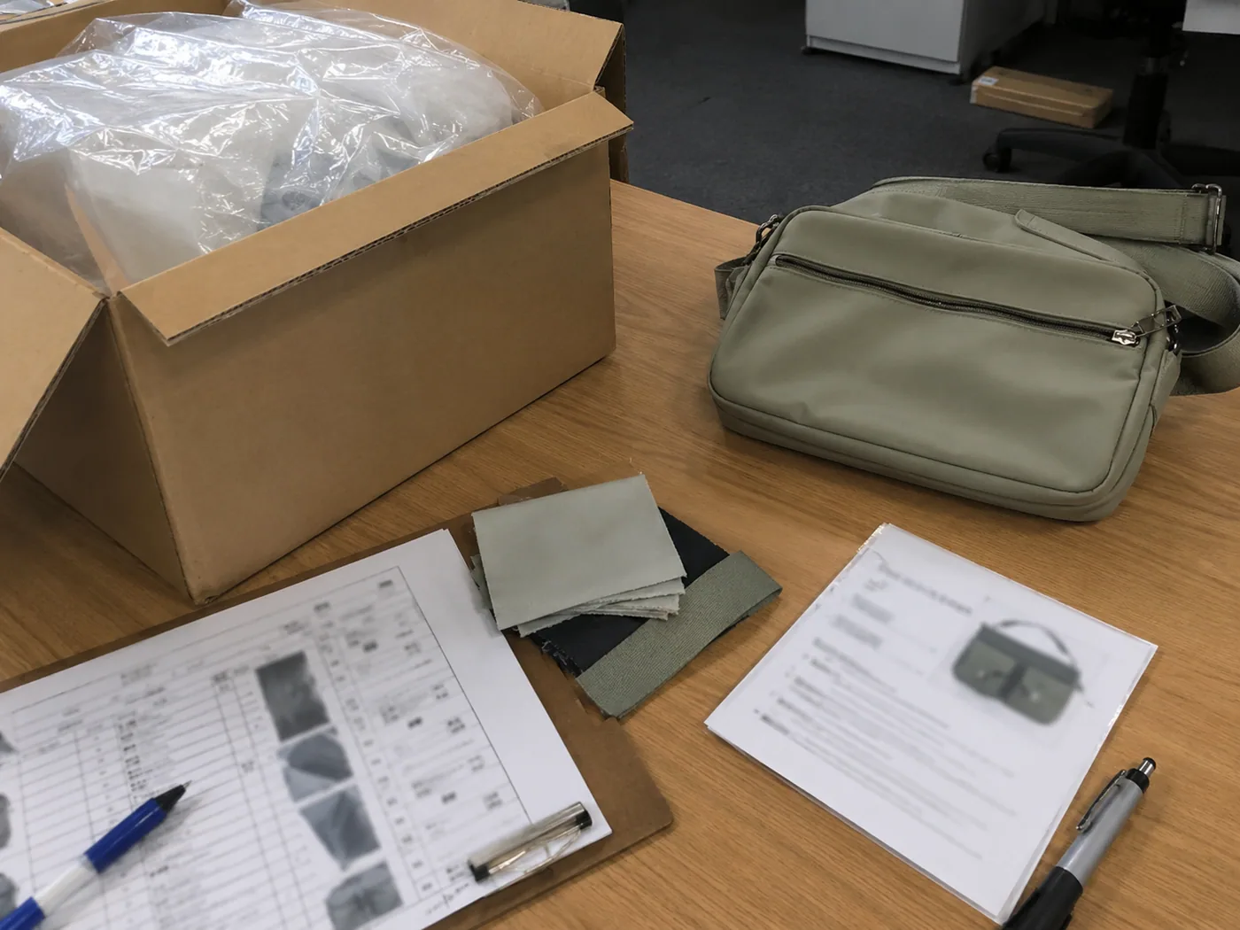 Smartphone-style factory proof stack with redacted inspection report, sample approval card, swatches, finished bag, and carton corner