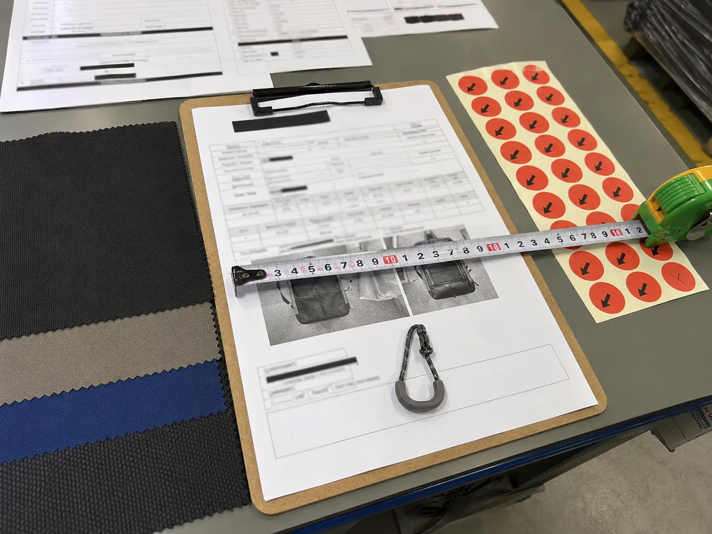 Bag manufacturing QC proof pack with redacted inspection pages and samples