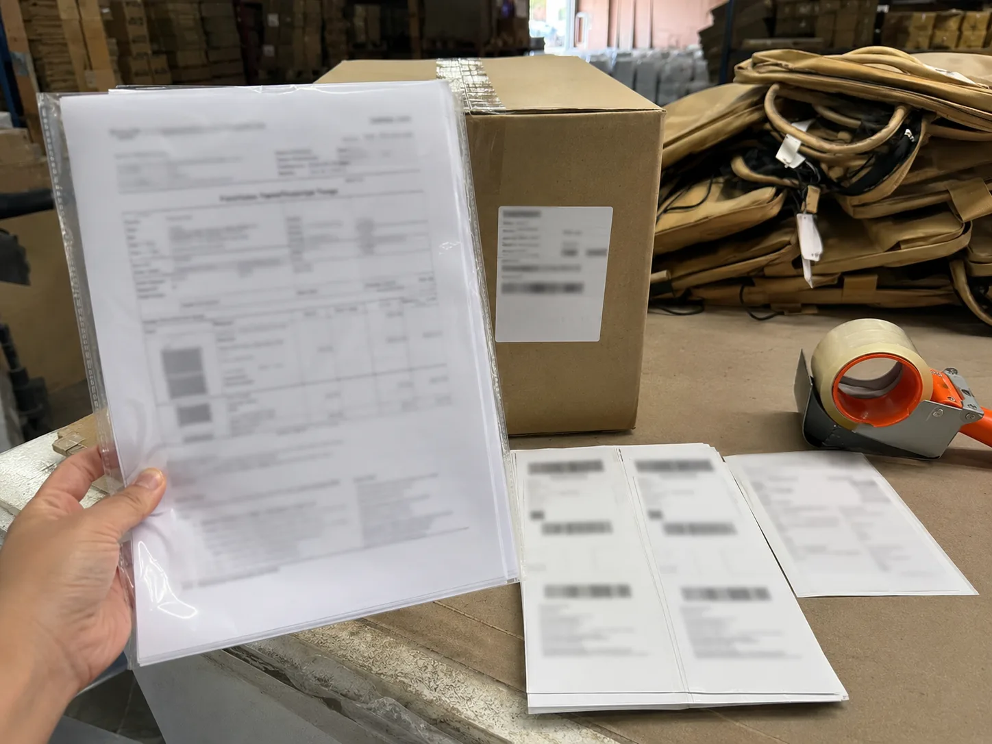 Redacted export document pack beside cartons and finished bag shipment samples